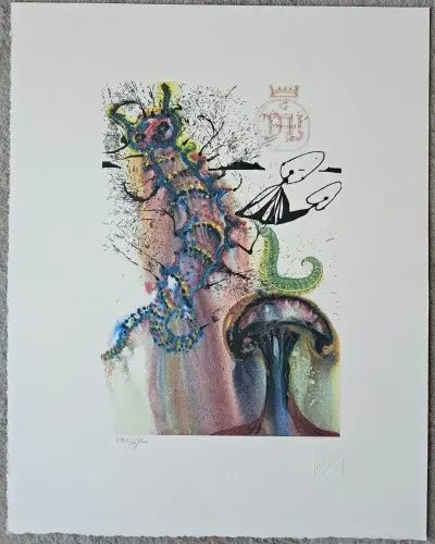 Surreal wonderland art print with melting clocks in blue and gold
